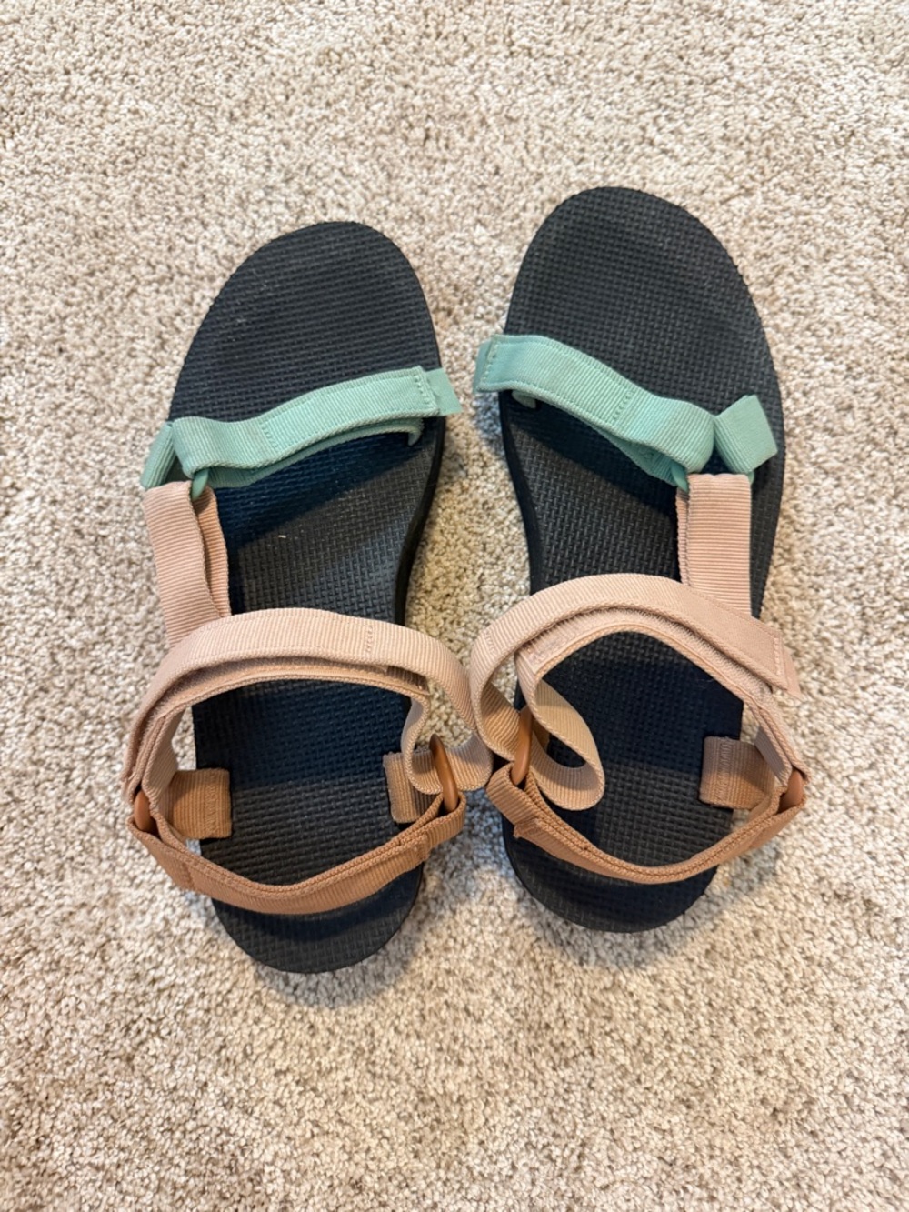 Teva Women's Black Footbed Sandals with Green and Tan Straps